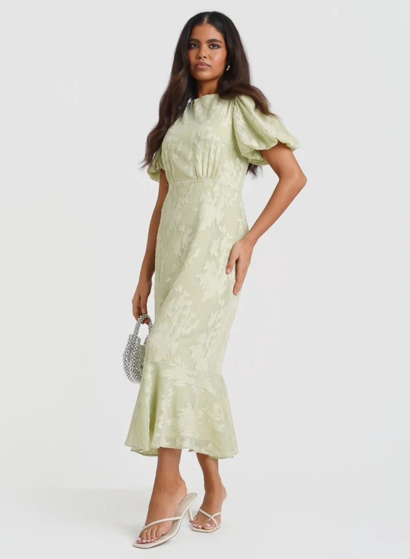 Needs No Label  Green Jacquard Puff Sleeve Midi Dress for Women | Best Price UAE