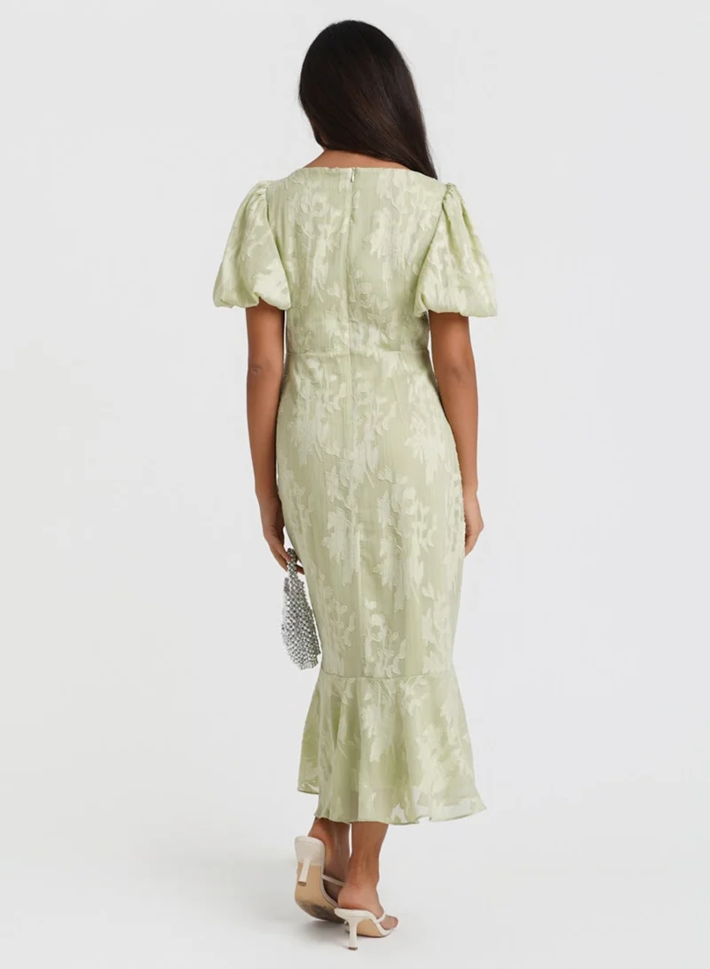 Needs No Label  Green Jacquard Puff Sleeve Midi Dress for Women | Best Price UAE