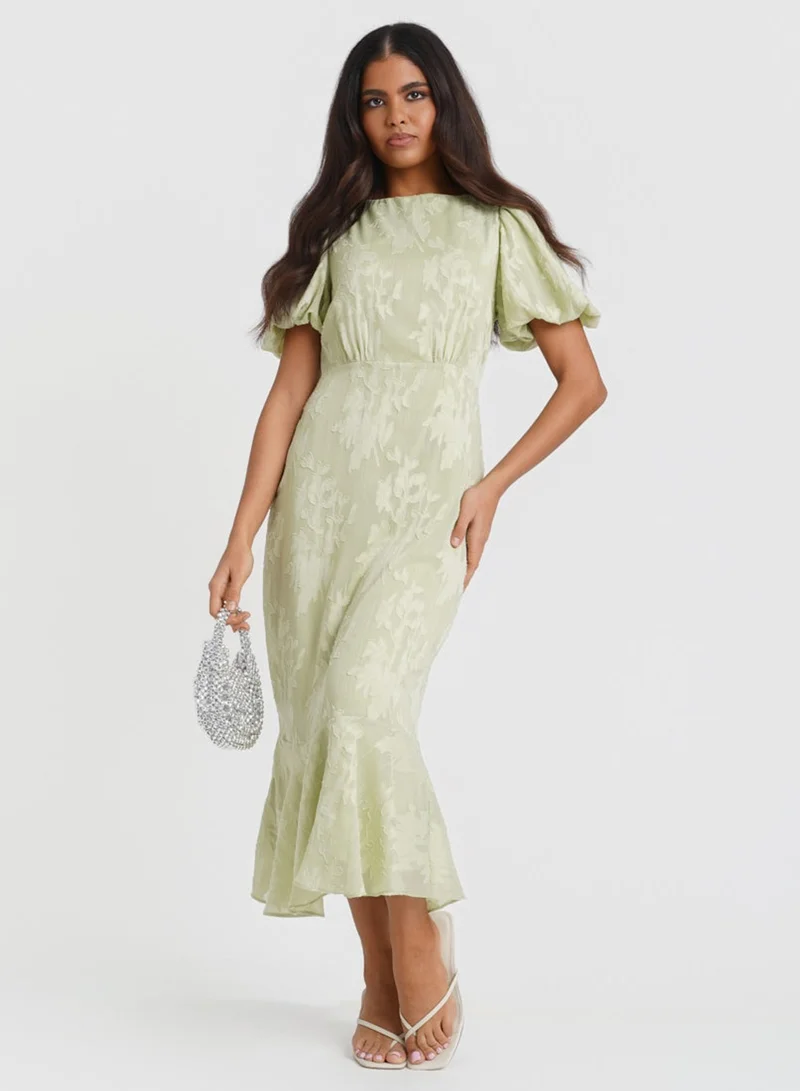 Needs No Label  Green Jacquard Puff Sleeve Midi Dress for Women | Best Price UAE