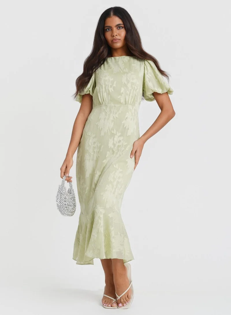 Needs No Label Green Jacquard Puff Sleeve Midi Dress