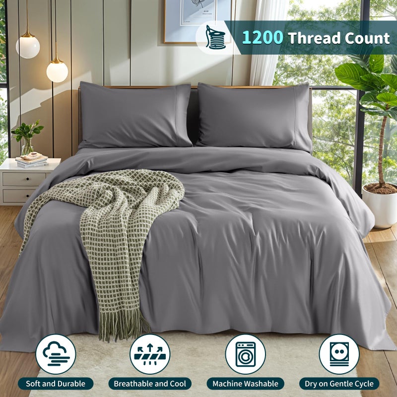 LBRO2M LBRO2M 100% Cotton 1200 Thread Count Full Size Sheets Set 16 inches Deep Pocket Bed Sheet 4 Piece Sets(Grey  Full)  - Image 4
