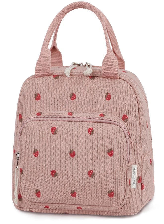 HOMESPON Lunch Bag for Women Men Adults with Front Pocket Cute Corduroy Insulated Lunch Tote Large Capacity Lunch Box Cooler Container for Work Picnic or Travel (Strawberry Pink) - Image 1