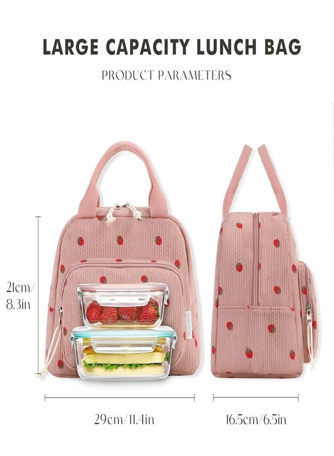 HOMESPON Lunch Bag for Women Men Adults with Front Pocket Cute Corduroy Insulated Lunch Tote Large Capacity Lunch Box Cooler Container for Work Picnic or Travel (Strawberry Pink) - Image 3