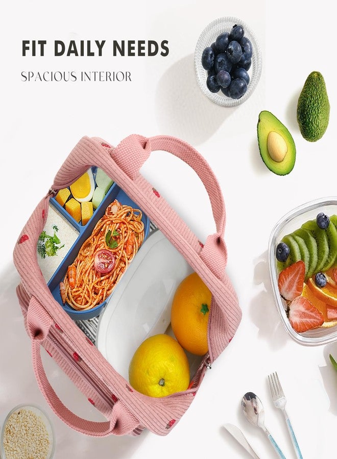 HOMESPON Lunch Bag for Women Men Adults with Front Pocket Cute Corduroy Insulated Lunch Tote Large Capacity Lunch Box Cooler Container for Work Picnic or Travel (Strawberry Pink) - Image 4