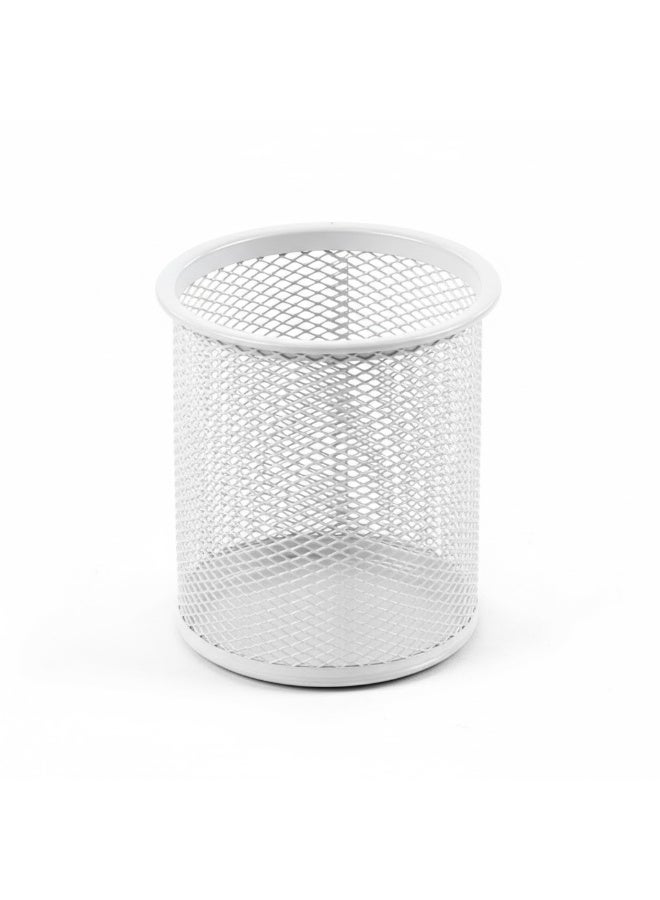 Round Mesh Metal Pen Holder – White – Stylish Desk Organizer - Image 1