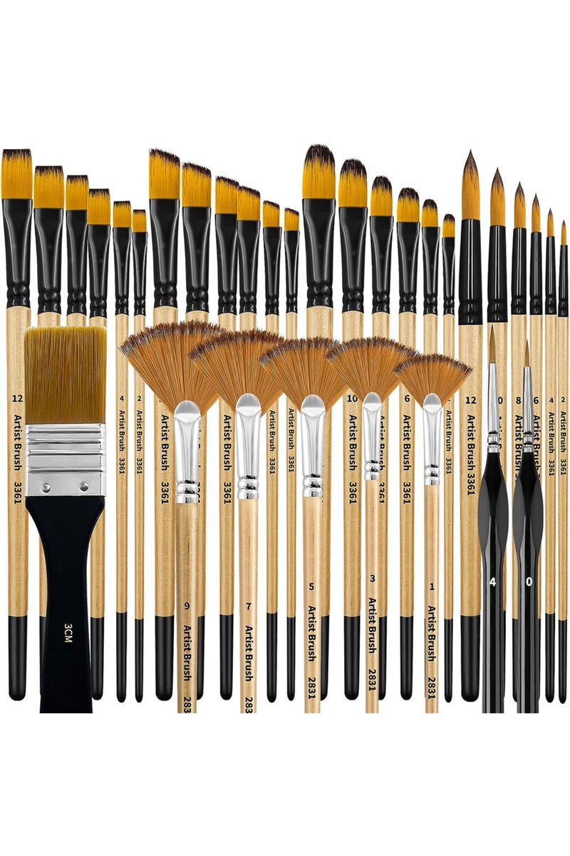 erorex wood color 32 Pcs Paint Brushes for Acrylic Painting, Premium Nylon Bristles with Round, Filbert, Fl