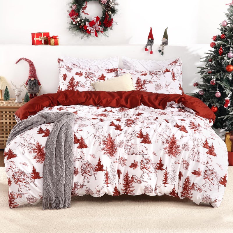 CAROMIO Christmas Duvet Cover Queen Reversible Printed Comforter Cover Set Holiday Decorative Bedding Soft Microfiber Red Duvet 2 Pillow Shams Queen Size Christmas Theme
