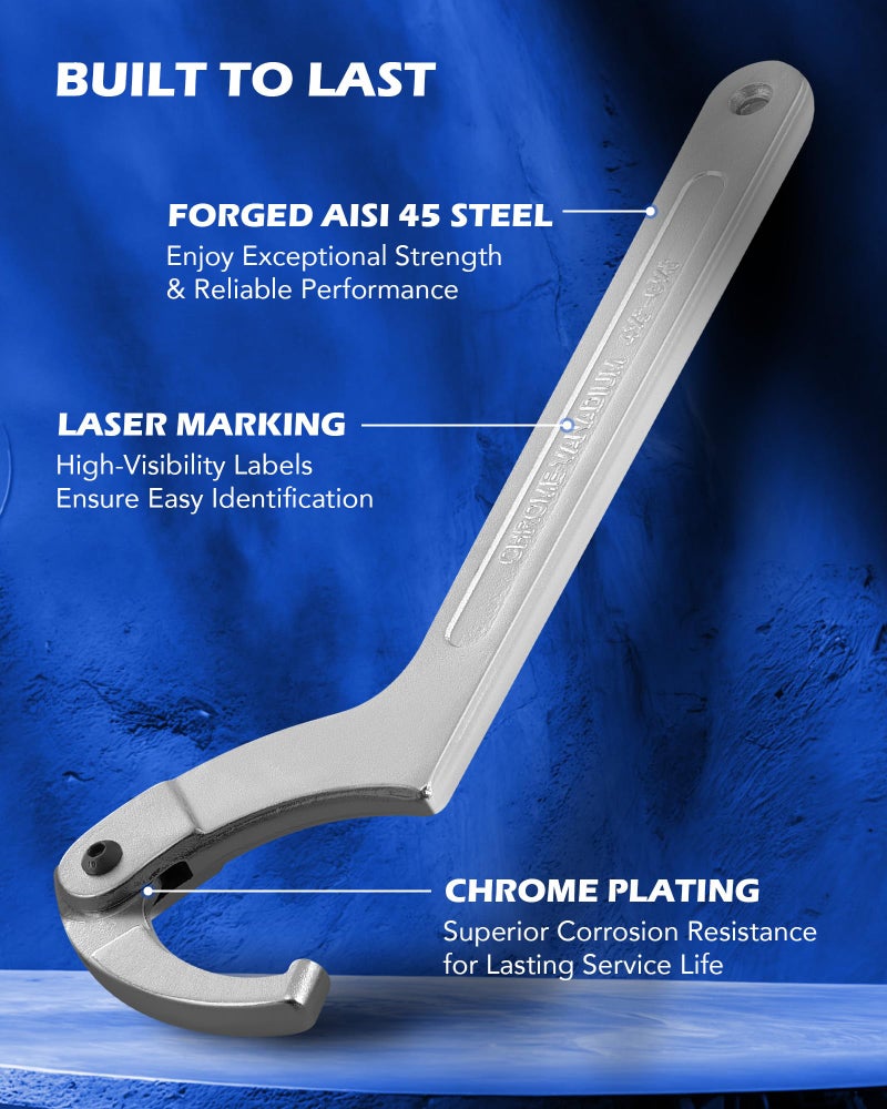 Orion Motor Tech 8pc Adjustable Pin Spanner Wrench Tool Set, Spanner Nut Wrench Tools with Changeable Heads for Pipes Heating Cars, Coilover Hook Wrenches for Suspension System, 3/4" to 6-1/10" - Image 5