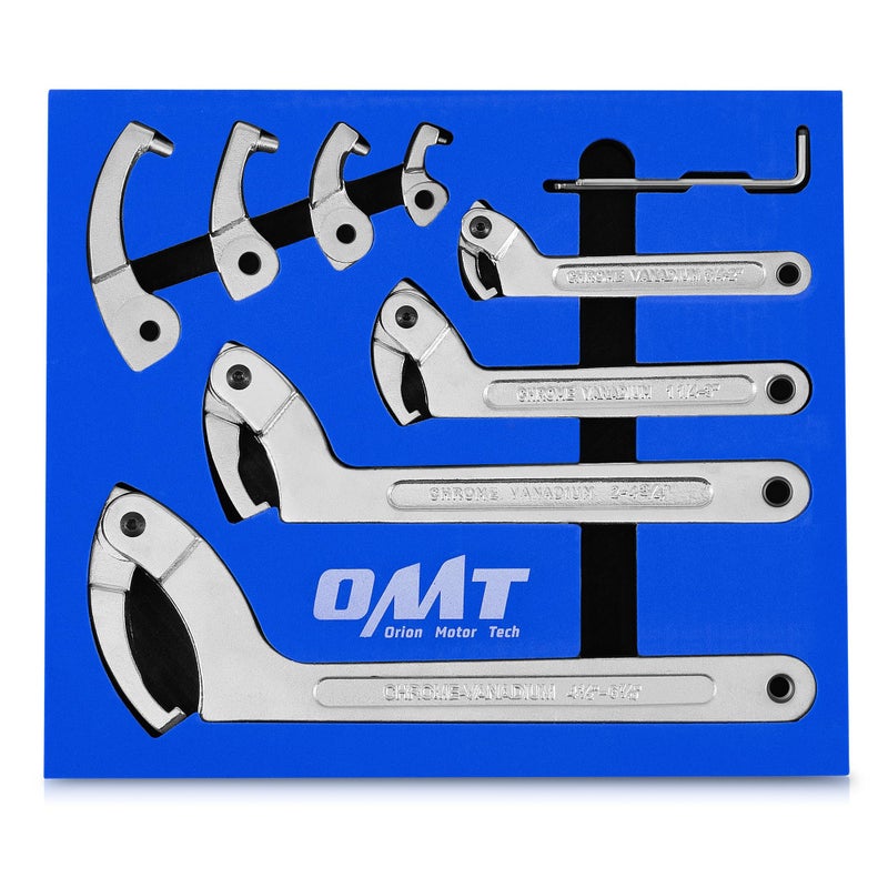 Orion Motor Tech 8pc Adjustable Pin Spanner Wrench Tool Set, Spanner Nut Wrench Tools with Changeable Heads for Pipes Heating Cars, Coilover Hook Wrenches for Suspension System, 3/4" to 6-1/10" - Image 1