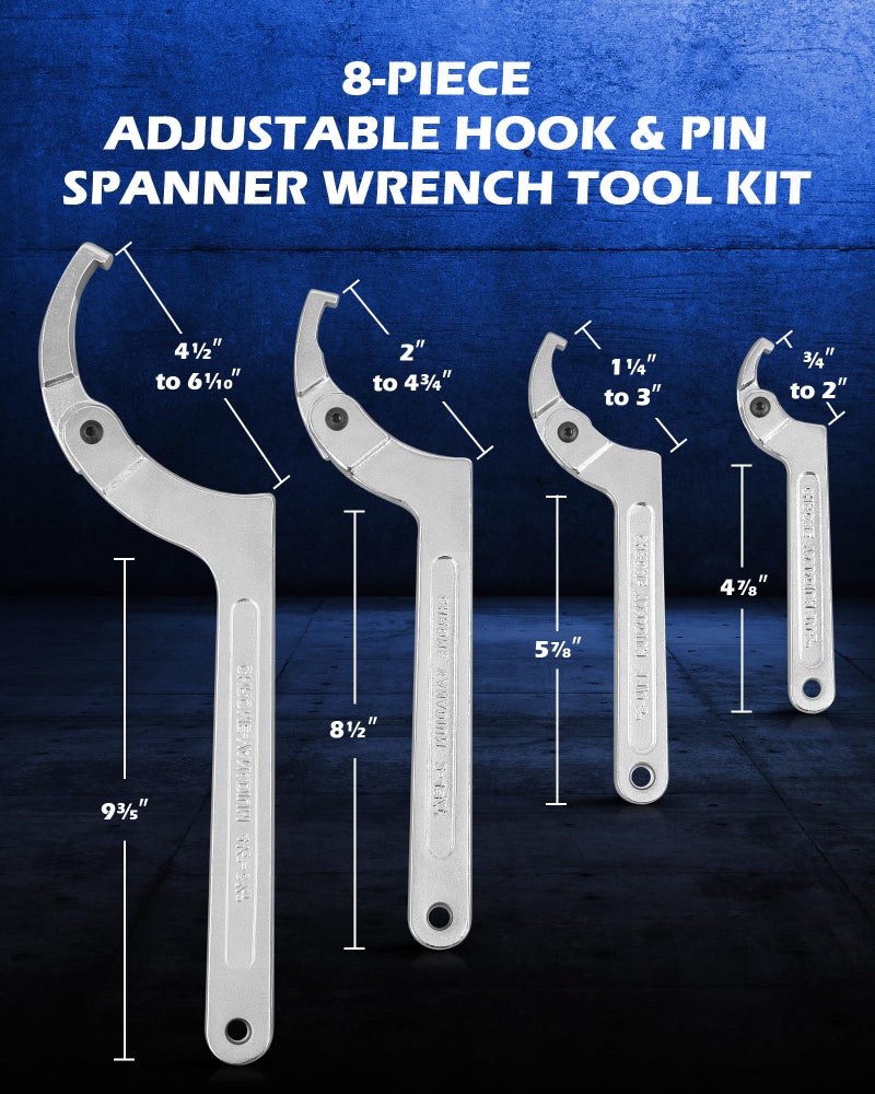 Orion Motor Tech 8pc Adjustable Pin Spanner Wrench Tool Set, Spanner Nut Wrench Tools with Changeable Heads for Pipes Heating Cars, Coilover Hook Wrenches for Suspension System, 3/4" to 6-1/10" - Image 3