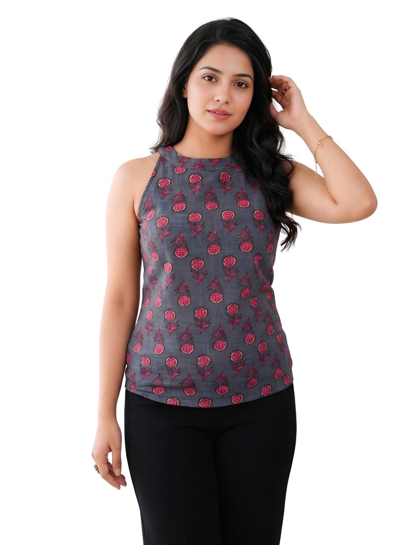 Yash Gallery Women’s Sleeveless Cotton Printed Top | Stylish Grey Floral Block Print Round Neck Casual Wear Blouse for Girls & Ladies | Summer Fashion Tank Top - Image 1