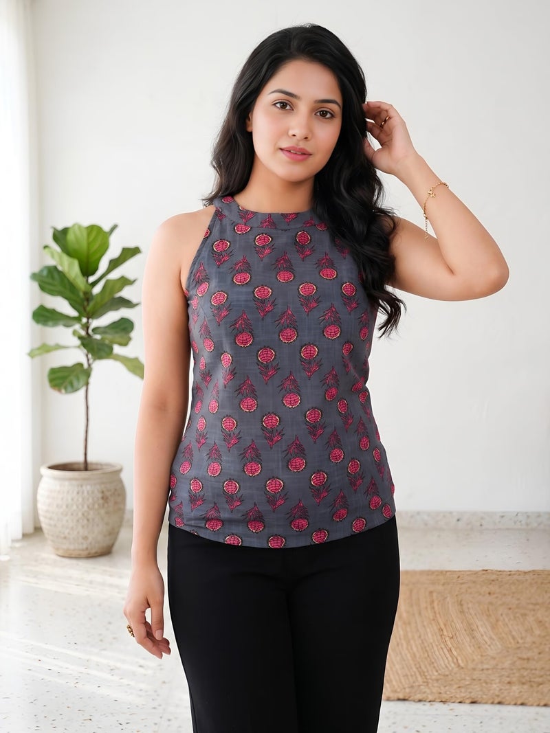 Yash Gallery Women’s Sleeveless Cotton Printed Top | Stylish Grey Floral Block Print Round Neck Casual Wear Blouse for Girls & Ladies | Summer Fashion Tank Top - Image 2