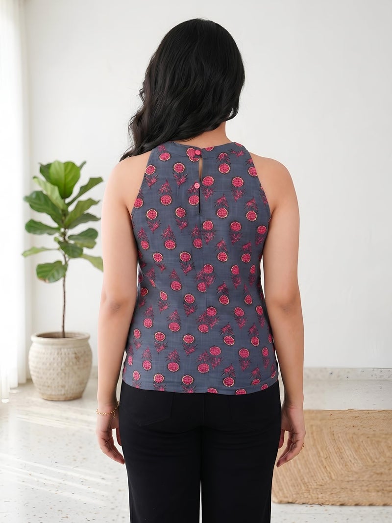 Yash Gallery Women’s Sleeveless Cotton Printed Top | Stylish Grey Floral Block Print Round Neck Casual Wear Blouse for Girls & Ladies | Summer Fashion Tank Top - Image 5