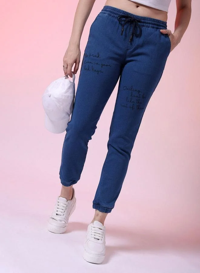 مرفوعة Freehand Women Blue Regular Fit Placement Print Joggers