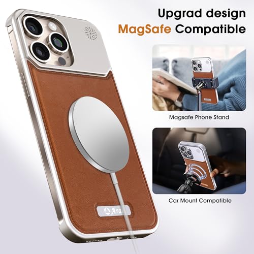 Arae Magnetic Designed for iPhone 16 Pro Case, Compatible with Magsafe, Drop Camera Protection, Anti-Scratch Slim, Luxury Leather Aluminum Case for iPhone 16 Pro 6.3 inch,Brown - Image 3