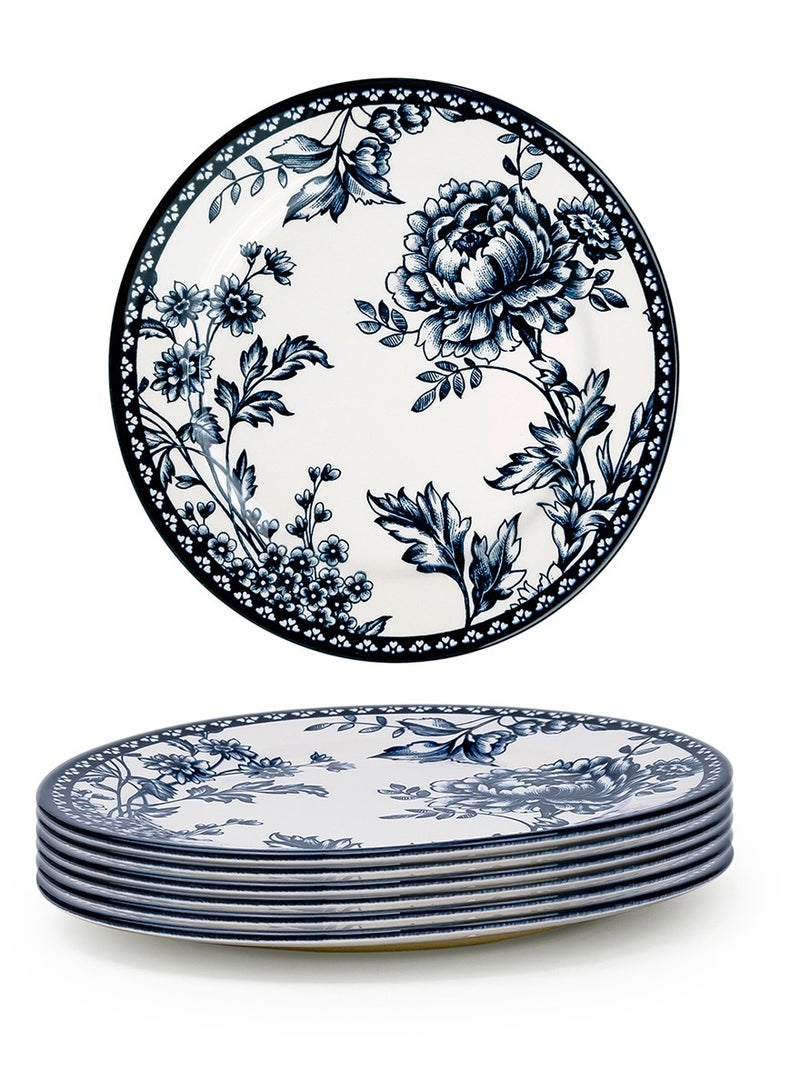 Claytan Rhapsody 8-Inch Dark Blue Floral Pattern Ceramic Salad Plate, White (set of 6) - Image 2