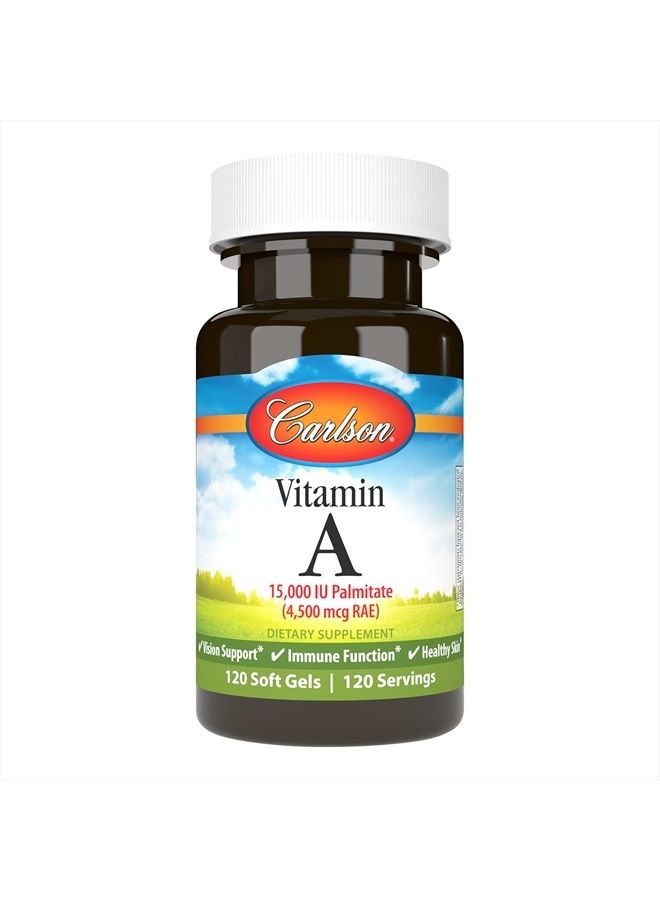 Carlson فيتامين أ، 15000 وحدة دولية بالميتات (4500 ميكروغرام RAE)، صحة الرؤية، بشرة صحية، 120 كبسولة لينة - Image 1