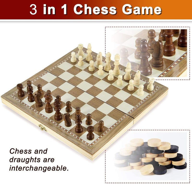 Excefore Wooden Chess Set, 3-in-1 Folding Portable Chess Board Game Set and Checkers Backgammon, Interior Storage Travel Chess Set for Adults Teens, 11.8inche - Image 2