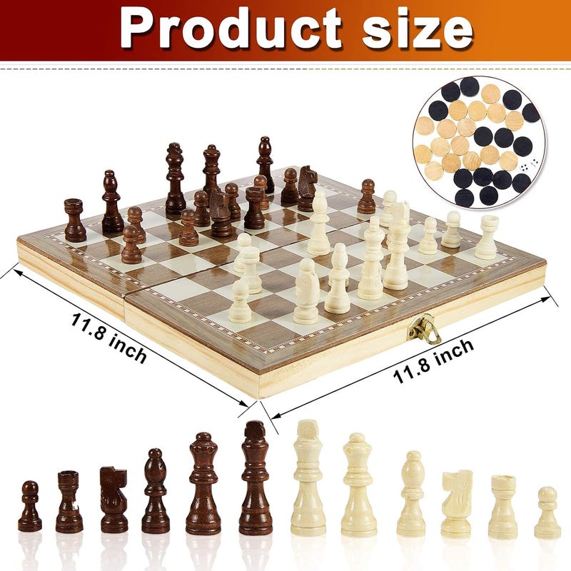 Excefore Wooden Chess Set, 3-in-1 Folding Portable Chess Board Game Set and Checkers Backgammon, Interior Storage Travel Chess Set for Adults Teens, 11.8inche - Image 5