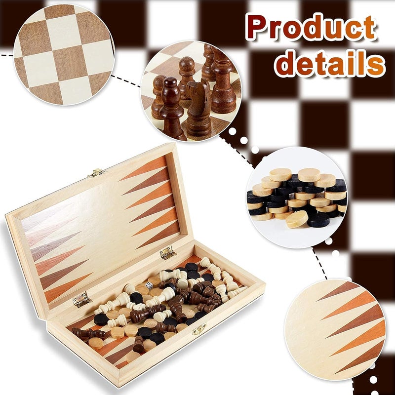 Excefore Wooden Chess Set, 3-in-1 Folding Portable Chess Board Game Set and Checkers Backgammon, Interior Storage Travel Chess Set for Adults Teens, 11.8inche - Image 3