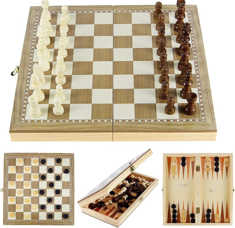 Excefore Wooden Chess Set, 3-in-1 Folding Portable Chess Board Game Set and Checkers Backgammon, Interior Storage Travel Chess Set for Adults Teens, 11.8inche - Image 1