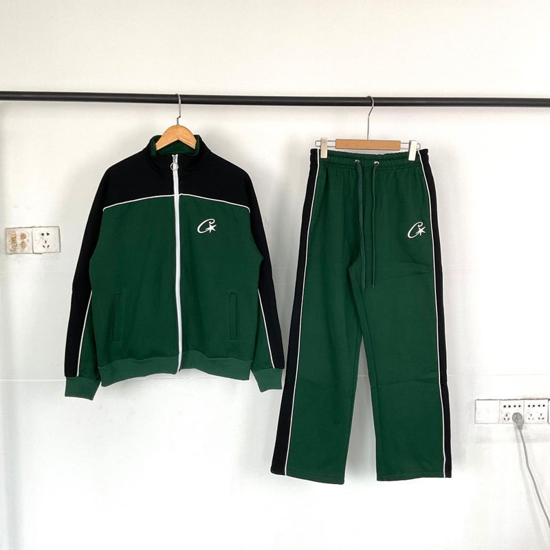 Cross-Border Foreign Trade European and American Trendy Brand Alcatraz Velvet Color-Blocked Cardigan Jacket Jacket Mens High Street Trousers Sports Suit Green and black  - Image 1