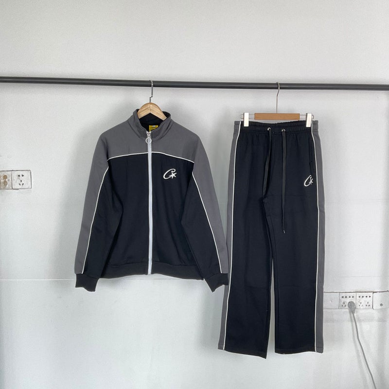 Cross-Border Foreign Trade European and American Trendy Brand Alcatraz Velvet Color-Blocked Cardigan Jacket Jacket Mens High Street Trousers Sports Suit Green and black  - Image 3