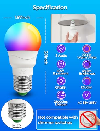 ILC RGB LED Light Bulb Color Changing Light Bulb 40W Equivalent 450LM 2700K Warm White 5W E26 Screw Base RGBW 12 Color Choices Timing Infrared Remote Control 8 Pack - Image 3