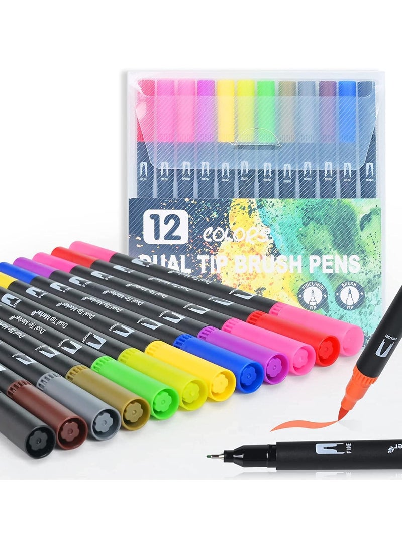 Dual Tip Brush Marker Pens, Art Pens and Supplies for Professionals and Adults, Fine Point Pen for Drawing and Sketching, Brush Tips for Painting and Calligraphy (12)  - Image 1