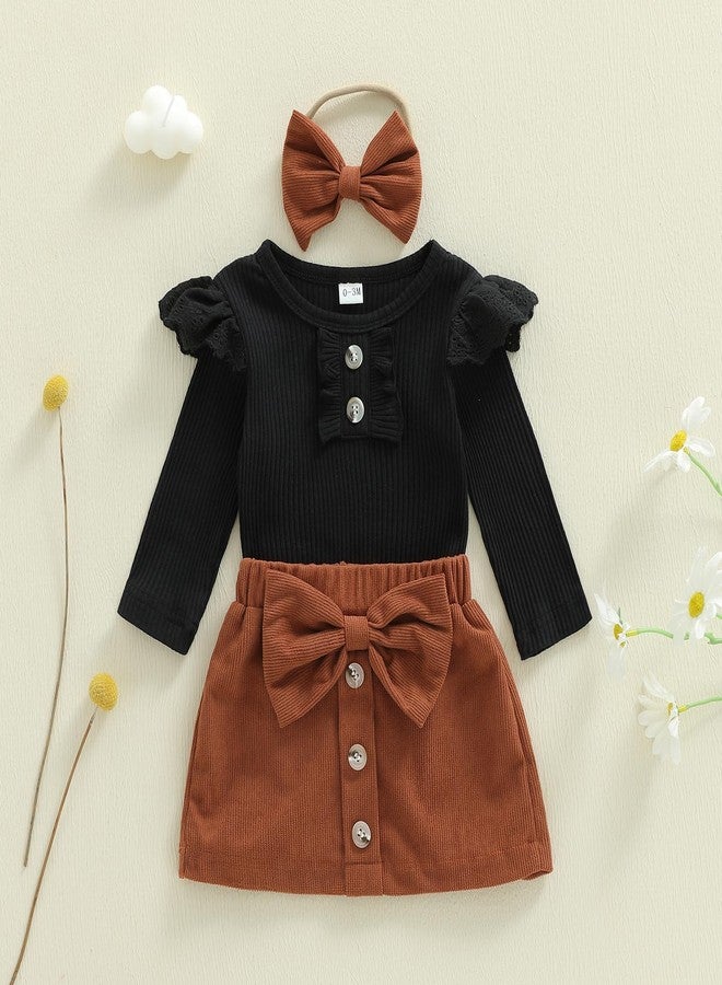 Honganda 3Pcs Infant Baby Girl Skirt Outfit Set Long Sleeve Ruffle Knit Ribbed Romper with Mini Corduroy Skirt with Headband (Black, 9-12 Months) - Image 4
