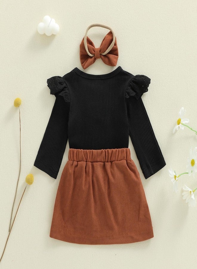 Honganda 3Pcs Infant Baby Girl Skirt Outfit Set Long Sleeve Ruffle Knit Ribbed Romper with Mini Corduroy Skirt with Headband (Black, 9-12 Months) - Image 5