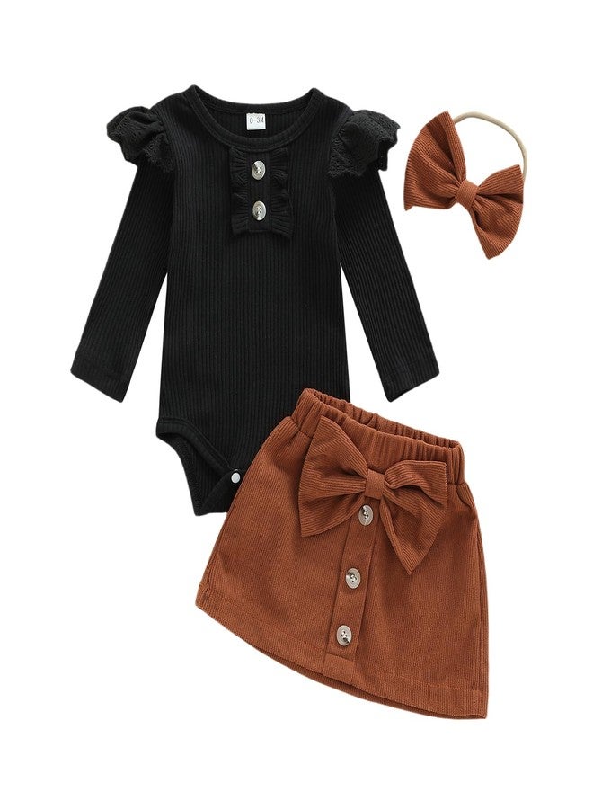 Honganda 3Pcs Infant Baby Girl Skirt Outfit Set Long Sleeve Ruffle Knit Ribbed Romper with Mini Corduroy Skirt with Headband (Black, 9-12 Months) - Image 1