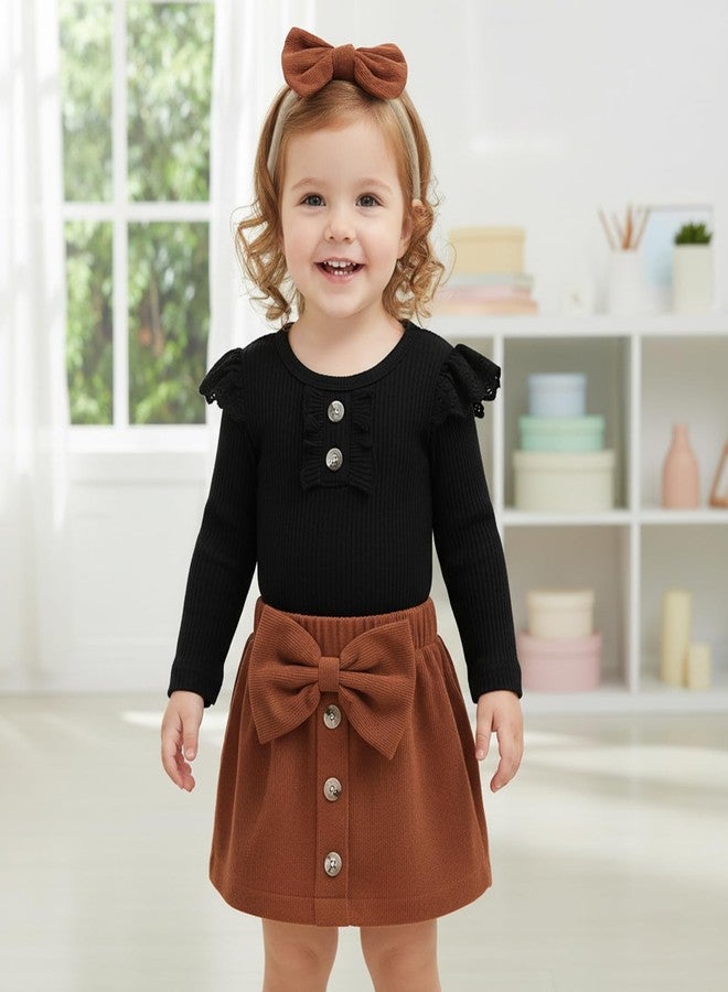 Honganda 3Pcs Infant Baby Girl Skirt Outfit Set Long Sleeve Ruffle Knit Ribbed Romper with Mini Corduroy Skirt with Headband (Black, 9-12 Months) - Image 3