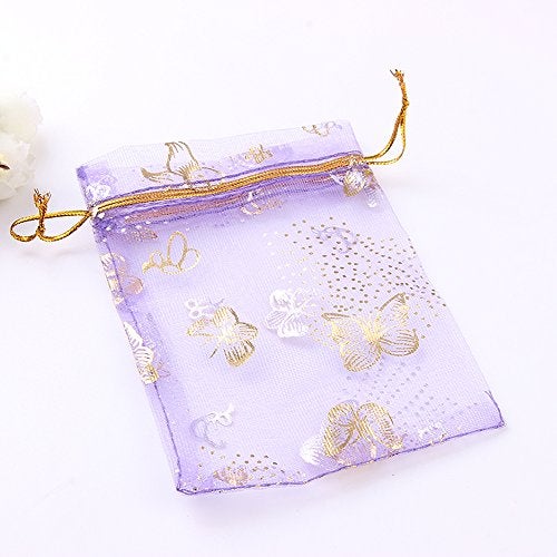 Ankirol 100pcs Mini Sheer Organza Wedding Favor Bags 3.5x4.5'' Luxury Jewelry Candy Gift Card Bags With Gold Line Drawstring Pouches Butterflies (light purple) - Image 2