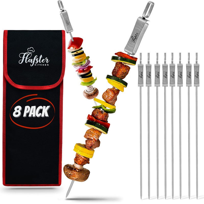 FLAFSTER KITCHEN "FLAFSTER KITCHEN BBQ Skewers for Grilling - 16" Stainless Steel Flat Kebab Sticks with Push Bar, Reusable Metal Shish Kabob Skewers, Set of 6" - Image 1