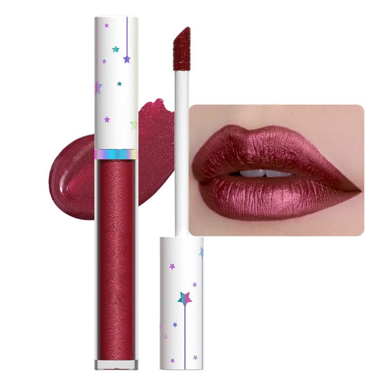 evpct 1Pcs Dark Red Metallic Shimmer Glitter Lip Gloss Liquid Lipstick Long Lasting Waterproof 24 Glitter Pearlescent Metallic Sparkly Glossy Liquid Lipsticks Lip Stain Makeup Set for Women 10