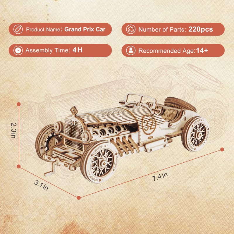 ROKR Model Car Kits Wooden 3D Puzzles Model Kits for Adults Educational Brain Teaser Assembly Model, Desk Decor/DIY Hobbies/Gifts (Grand Prix Car) - Image 5