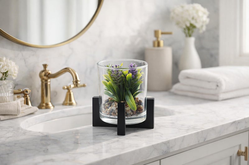 CURATED CART Mini Artificial Succulent Plant in Glass Pot with Wooden Stand, Small Faux Cactus Succulent for Home Office Desk Shelf Décor, 12cm Tall Realistic Plastic Plant with Pebbles, Indoor Décor - Image 3