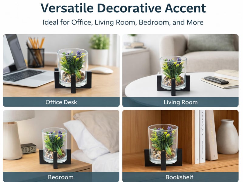 CURATED CART Mini Artificial Succulent Plant in Glass Pot with Wooden Stand, Small Faux Cactus Succulent for Home Office Desk Shelf Décor, 12cm Tall Realistic Plastic Plant with Pebbles, Indoor Décor - Image 2