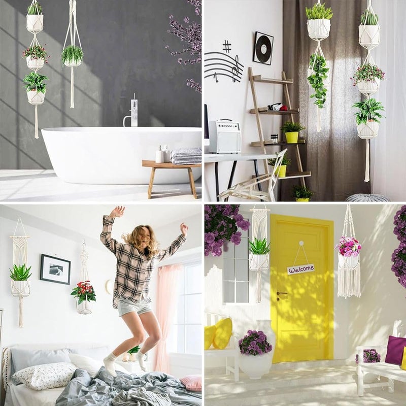 CHIYLE Macrame Plant Hangers 6-Pack – Handmade Cotton Rope Hanging Planters for Indoor & Outdoor Plants, Boho Home Décor, Durable Plant Holder Set with Hanging Accessories (White, Pots Not Included) - Image 4