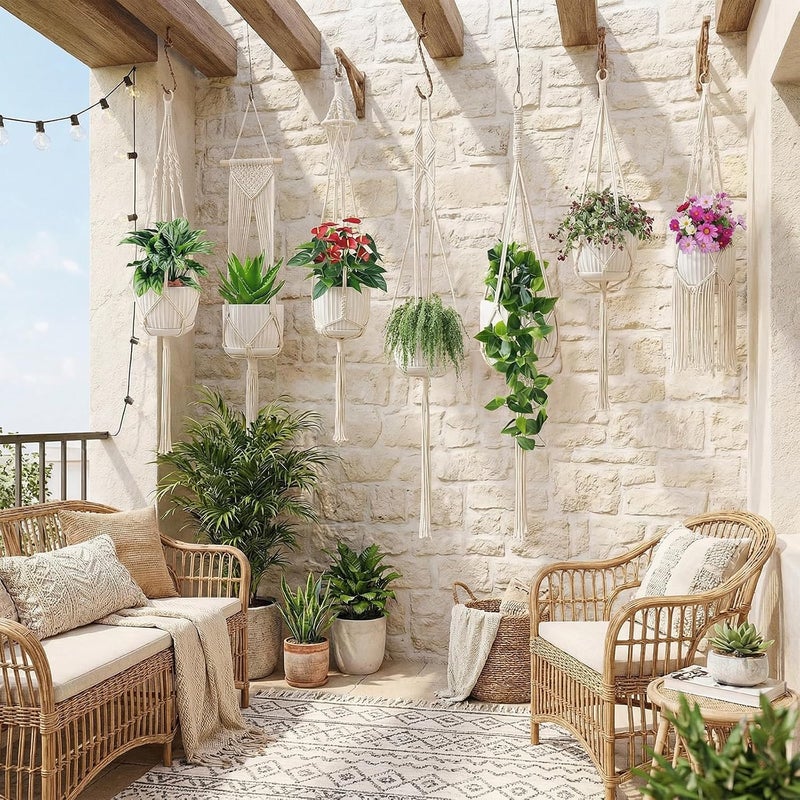 CHIYLE Macrame Plant Hangers 6-Pack – Handmade Cotton Rope Hanging Planters for Indoor & Outdoor Plants, Boho Home Décor, Durable Plant Holder Set with Hanging Accessories (White, Pots Not Included) - Image 2