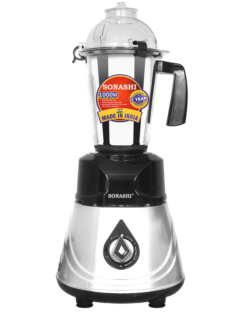 SONASHI 3-in-1 Mixer Grinder with 3 Stainless Steel Jars & Sharp Blades 1000W, Motor Overheat Protection, 3 Speeds + Pulse, Safety Lock, ABS Body, Liquidizing, Dry & Chutney Jars Included, SB-208 1.5 L 1000 W SB-208 silver - Image 2