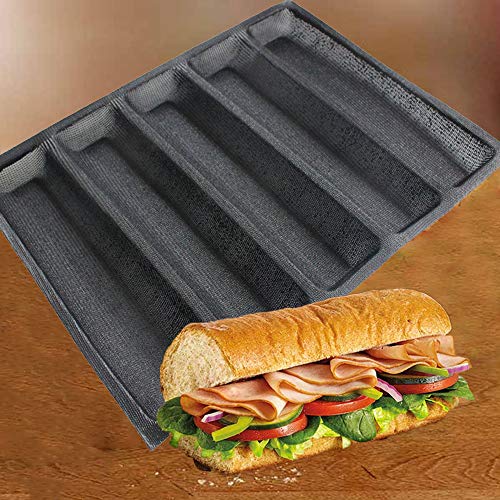 FETESUR Silicone Perforated Baking Forms Sandwich Mold French Baguette Bread Pan Food Mat 5 Loaf Non-Stick Baking Liners - Image 1