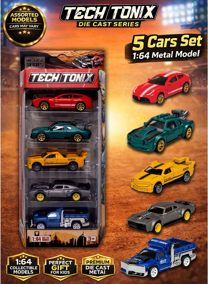 TECHTONICS TechTonix Die Cast Metal Toy Cars Set 5 Pieces 1:64 Scale Mini Racing Cars Collectible Diecast Vehicle Set Metal Model Sports Cars Toy Cars for Kids Boys Girls Assorted Models Mini Car Collection Gift Toy Vehicle Set - Image 1