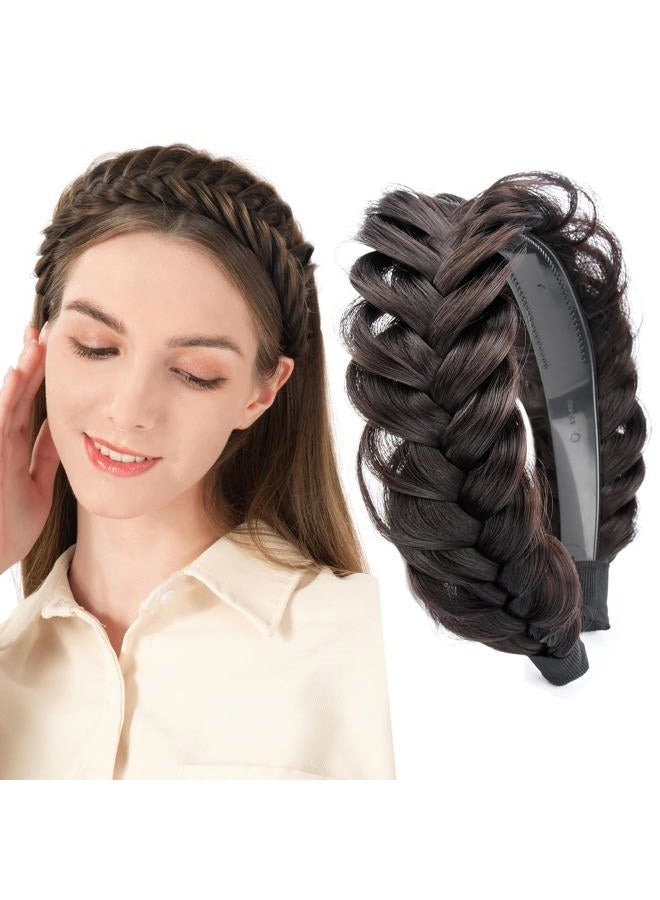BOBIYA Wide Chunky Plaited Braided Headband Hair Band Synthetic Braid Hairpieces with Teeth Piano Two Tone Colors Accessories (W-Deep Brown) - Image 1