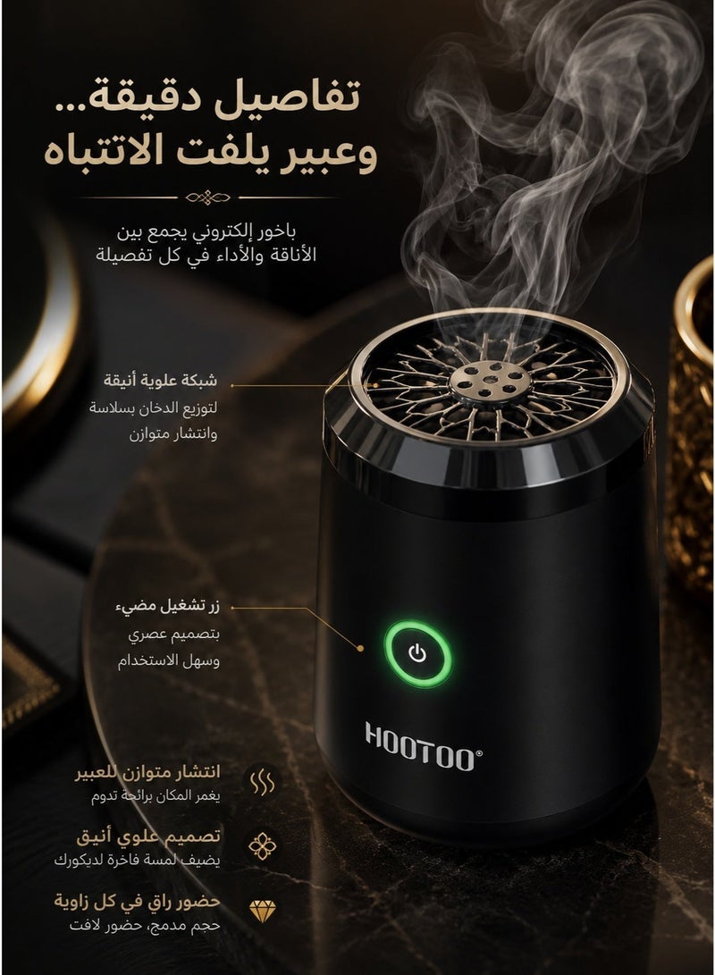 HooToo New-generation electric incense burner – portable and compact, perfect for car use. Rechargeable via USB Type-C, distributes traditional Arabic scents for home or office. Black color, USB-powered, mini smart mabkhara for car, hair, clothing, and more. Ideal for home use, safe and efficient with no charcoal needed. Original electronic incense device for modern lifestyle. - Image 3