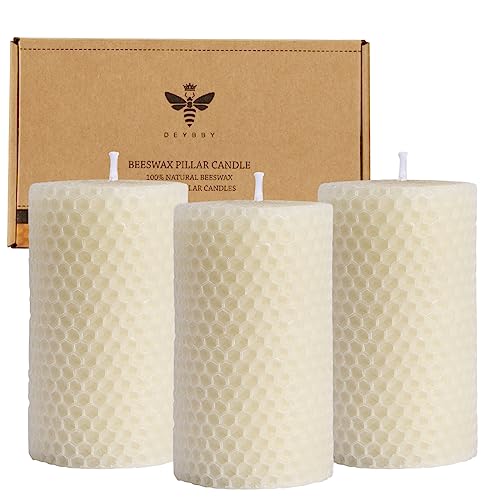DEYBBY Beeswax Pillar Candles Set of 3 - Handmade Pure Beeswax Rolled Candles for Gift & Home Decor (2×3.3 in, White) - Image 1