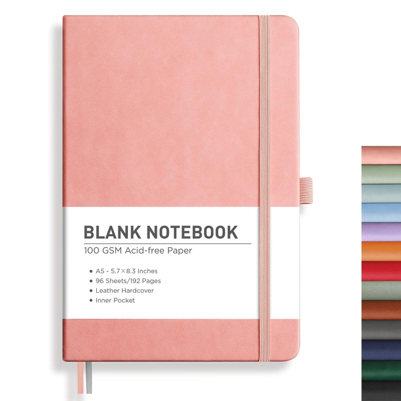 RETTACY Blank Journal Notebook, 192 Pages, A5 Medium Size (5.7'' x 8.3''), Leather Hardcover, 100 GSM Thick Paper, for Sketching, Drawing, Painting (Pink) - Image 1