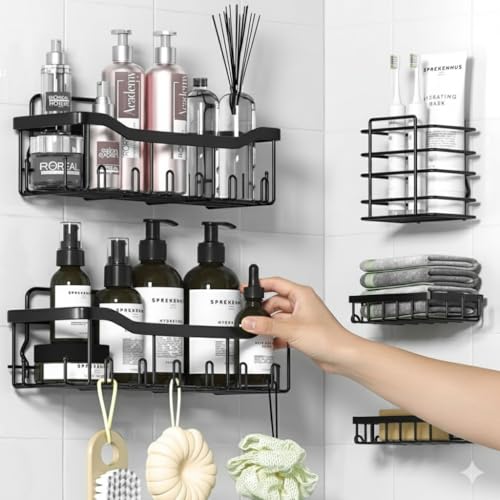 SUBATHRA Bathroom Accessories Set Without Drill – Adhesive Rack, Shampoo Holder, Soap & Toothbrush Wall Mount – Modern Organiser Combo - Image 1