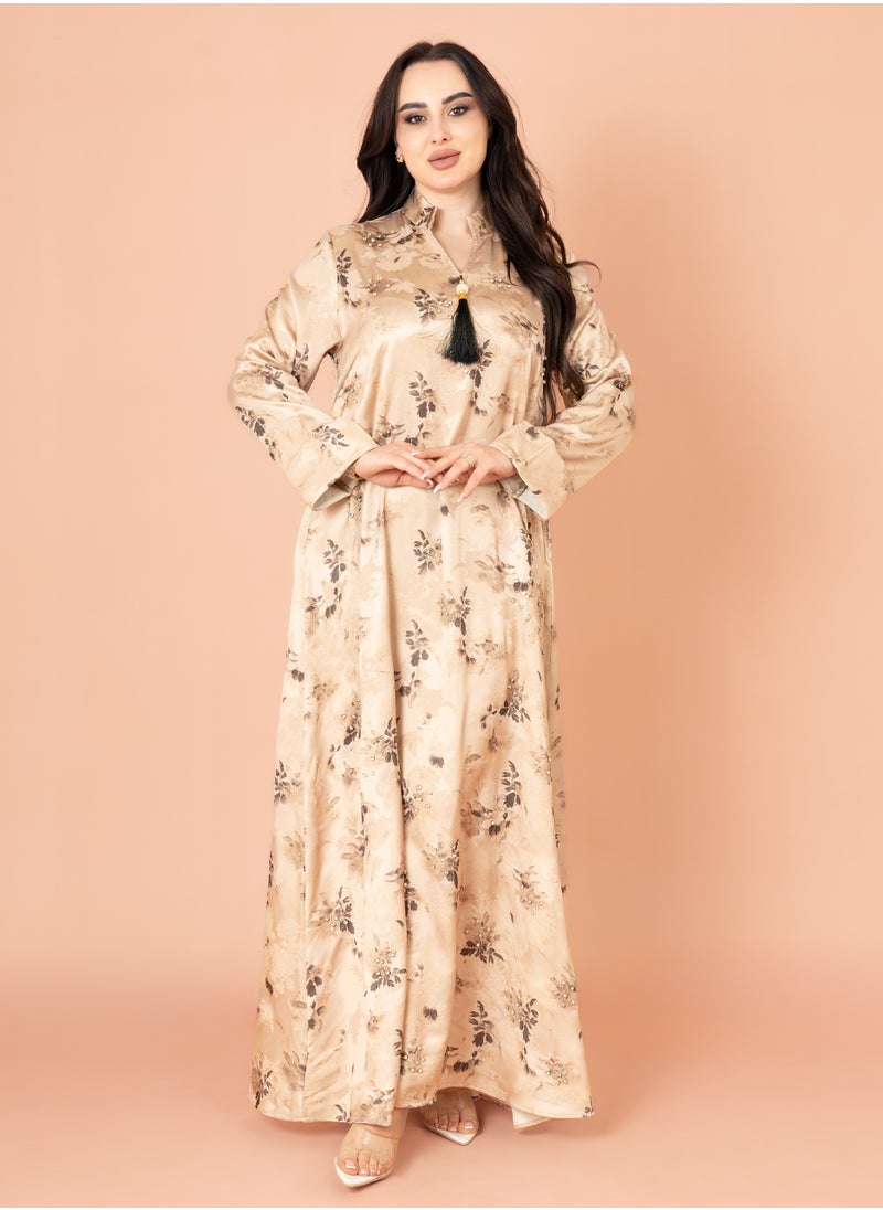 IKKXA Crystal Leaves Pattern Jalabiya Beige  - Image 1